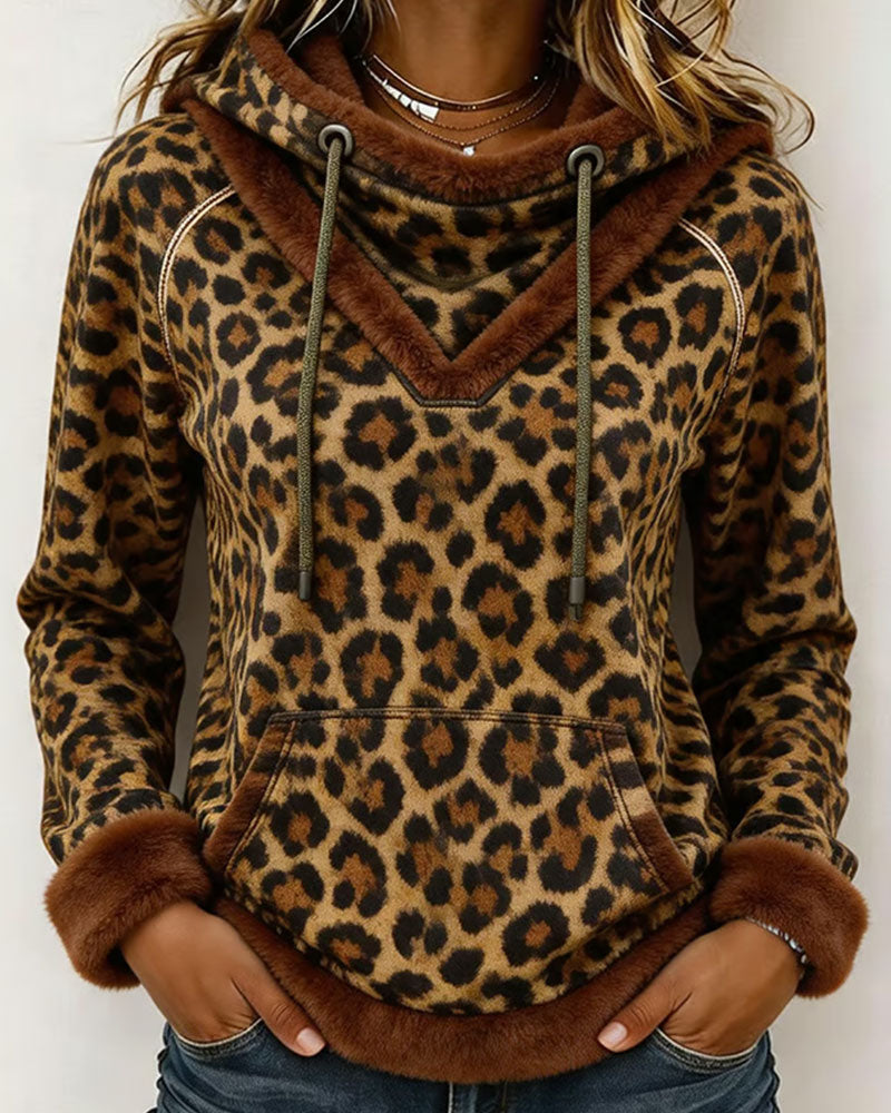 Leopard Print Hooded Drawstring Sweatshirt