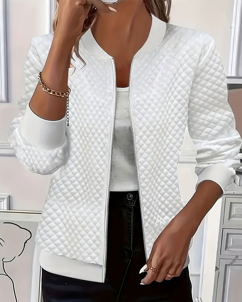 Diamond Quilted Stand Collar Zipper Coat