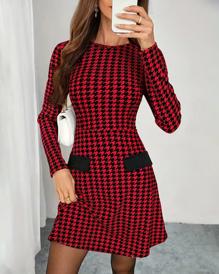 Long-Sleeved Houndstooth Print Dress