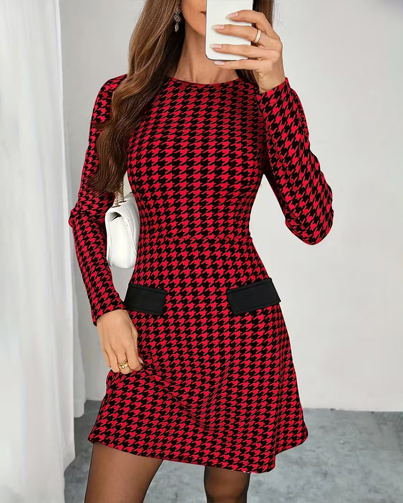 Long-Sleeved Houndstooth Print Dress