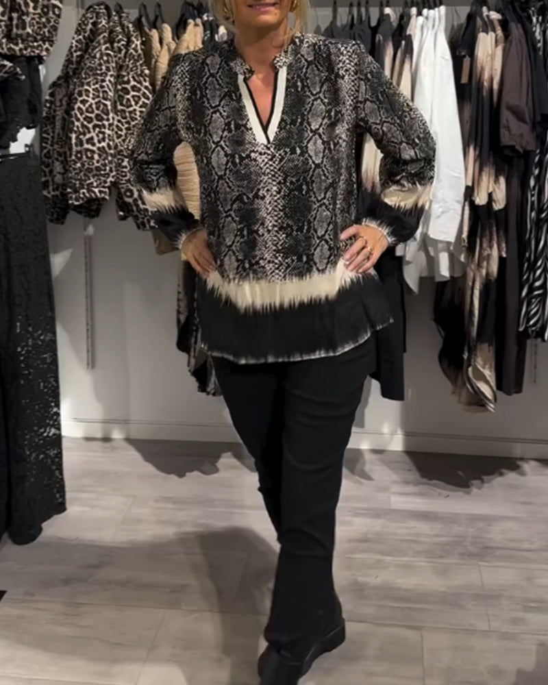 V-neck snake print colorblock blouse