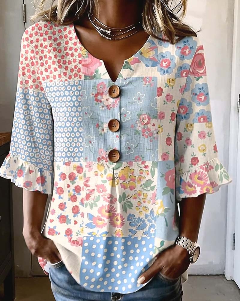 Short-Sleeve Floral Print Patchwork Blouse