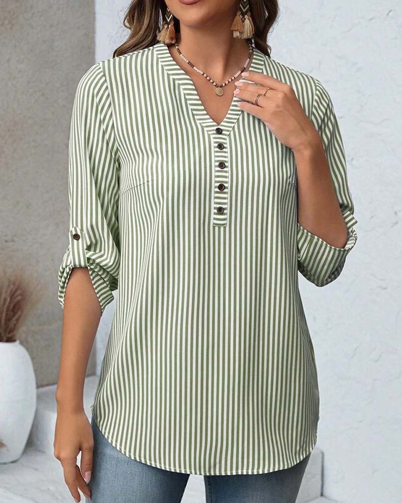 V-Neck Striped Button-Down Loose Blouse