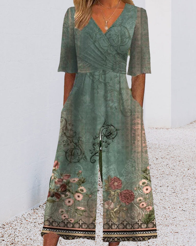 Vintage floral print pocket jumpsuit