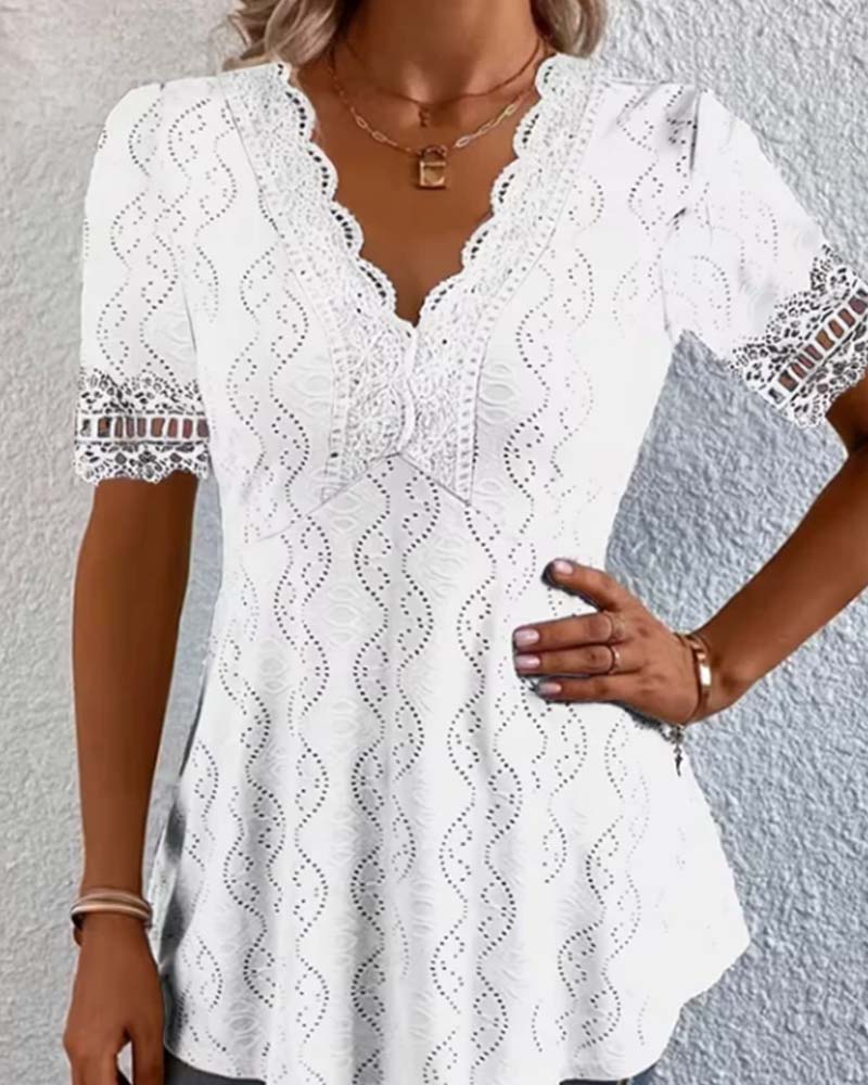Lace V-Neck Hollow Out Blouse