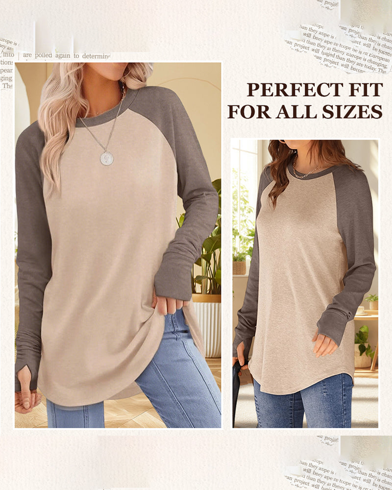 Crew Neck Raglan Colorblock Long Sleeve Top