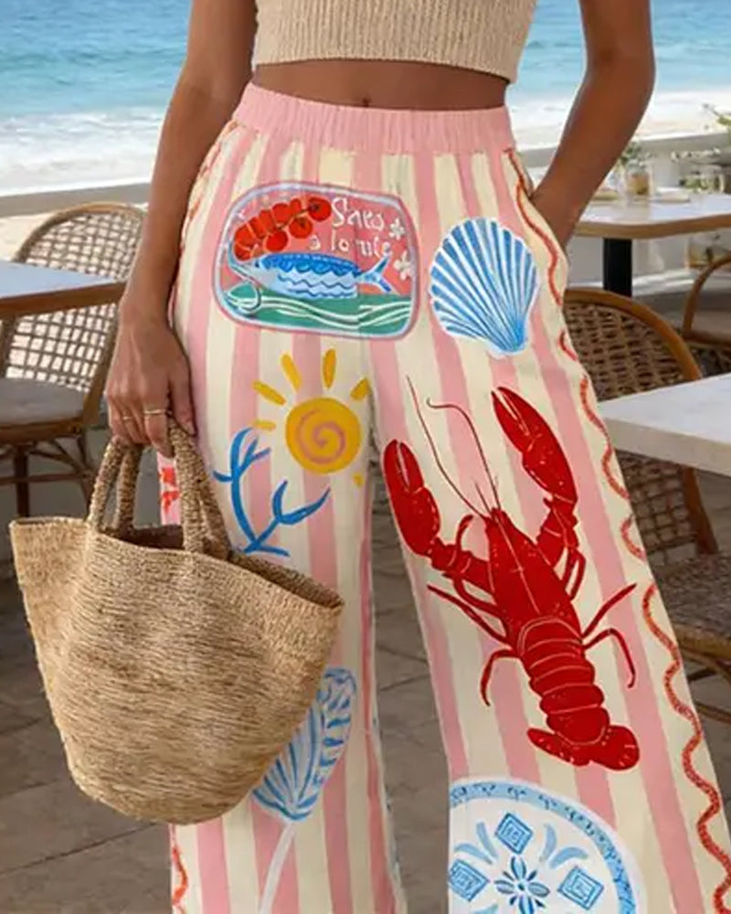 Ocean Print Wide-Leg Pants