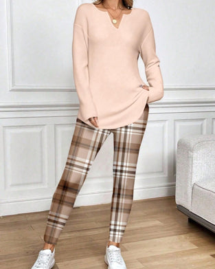 V-Neck Solid Top + Plaid Pants Loungewear Set