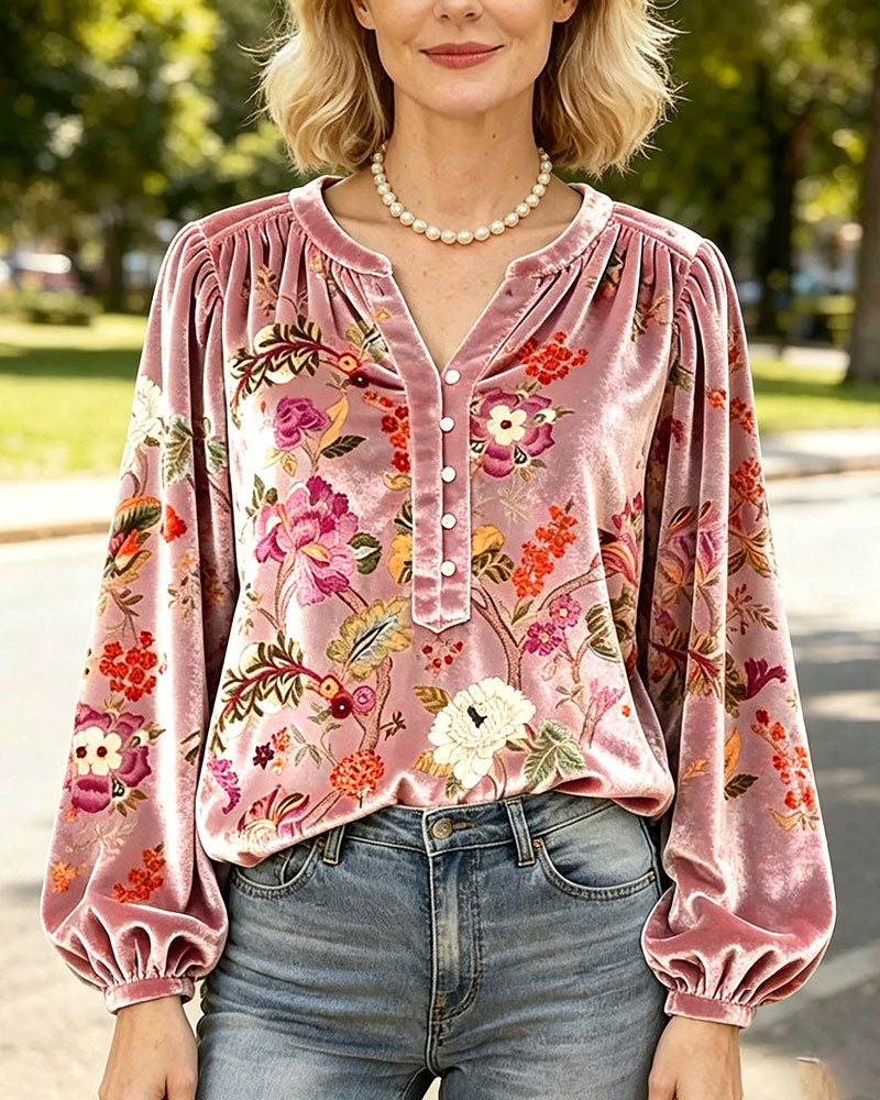 V-Neck Button Draped Floral Blouse