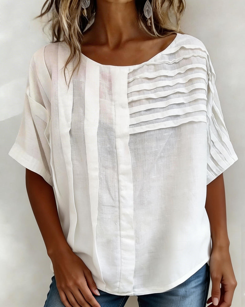 Asymmetric Pleated Round Neck Blouse