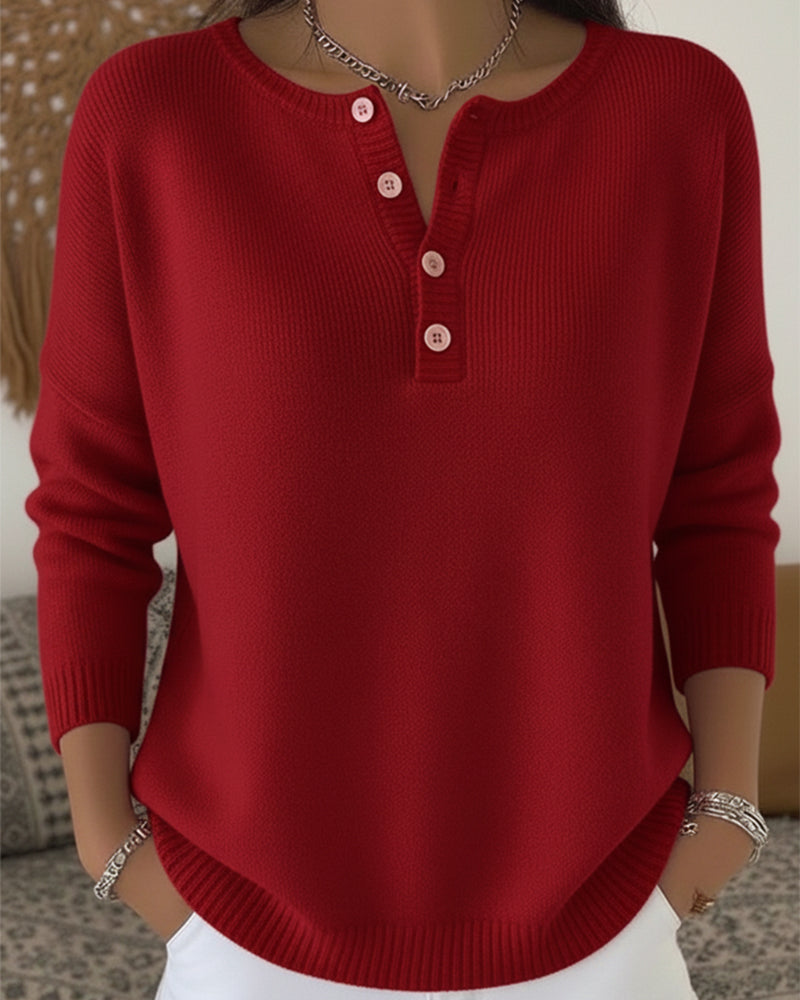 Long-Sleeved Button-Down Solid Color Sweater