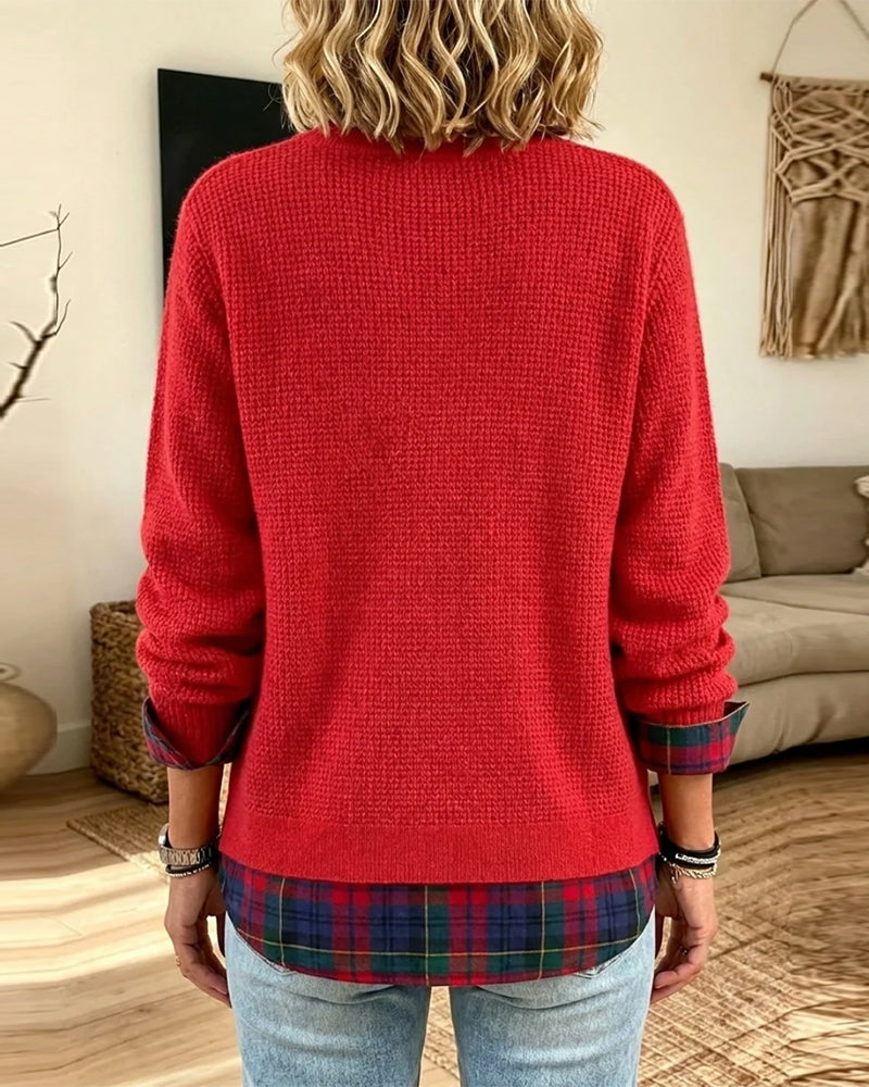 Round Neck Plaid Patchwork Fake Two Piece Pullover