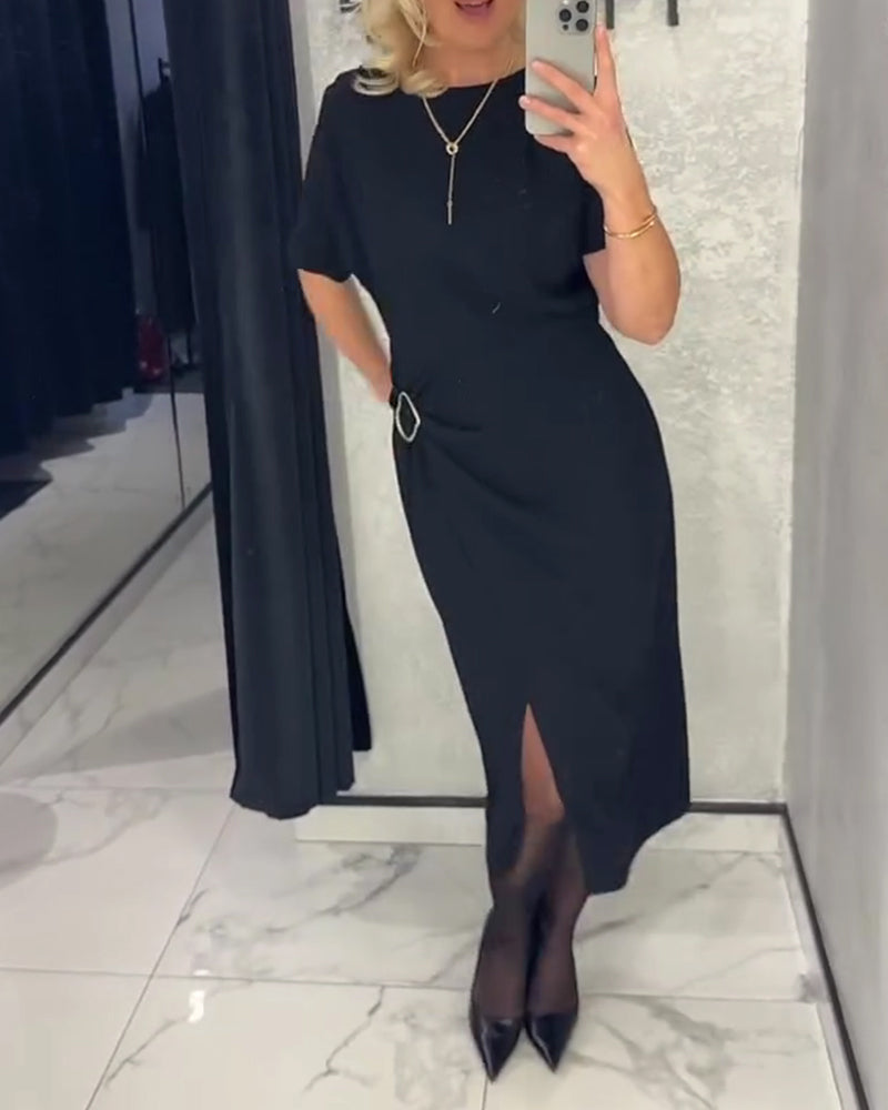 Metal Button Round Neck Slit Dress