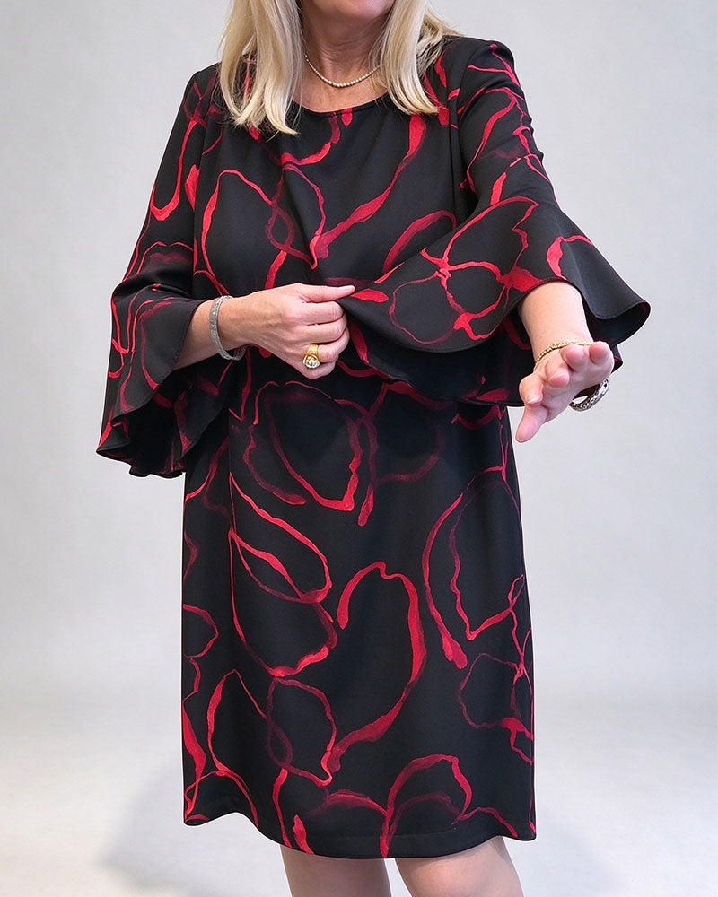 Contrast Color Round Neck And Bell Sleeves Dress