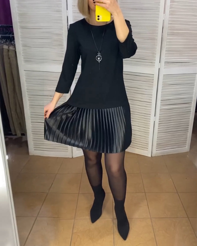 Pleated patchwork solid color dress