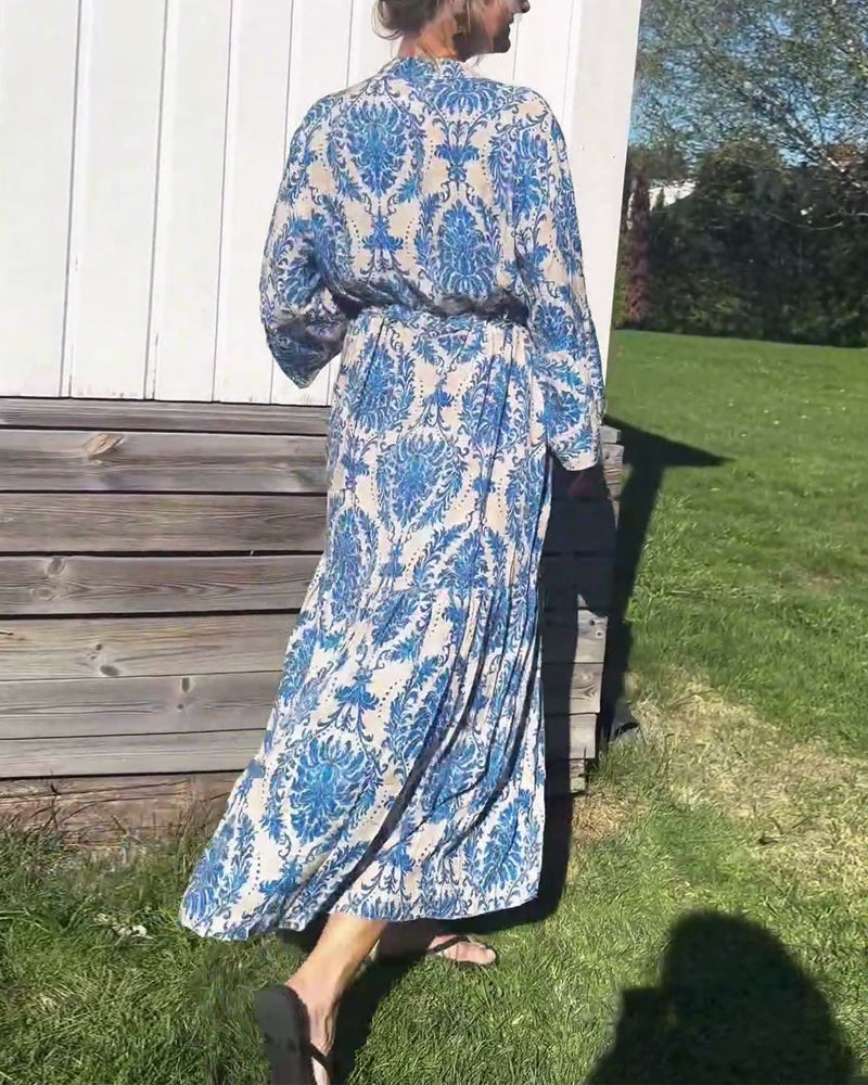 Printed bell sleeve drawstring dress