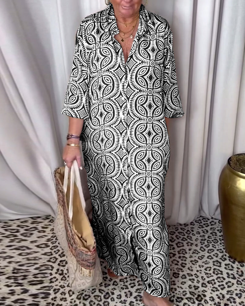 Vintage printed lapel pocket maxi dress