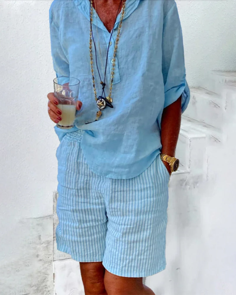 Cotton and linen stripe print shorts