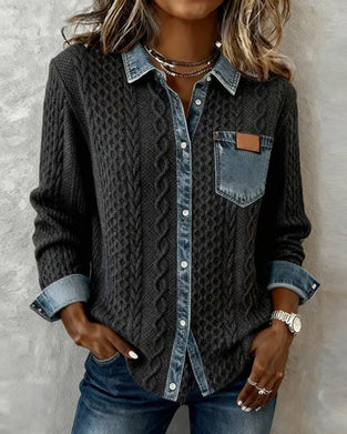 Long-Sleeved Denim Patchwork Shirt