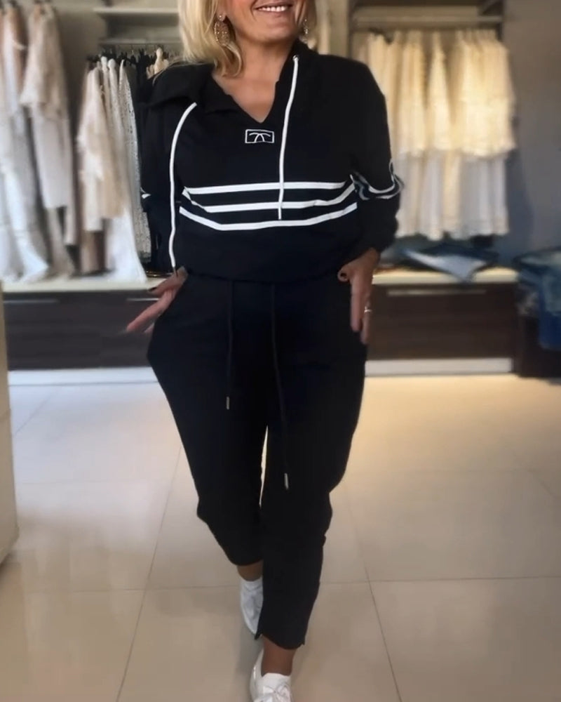 Casual striped print hooded sweatshirt set