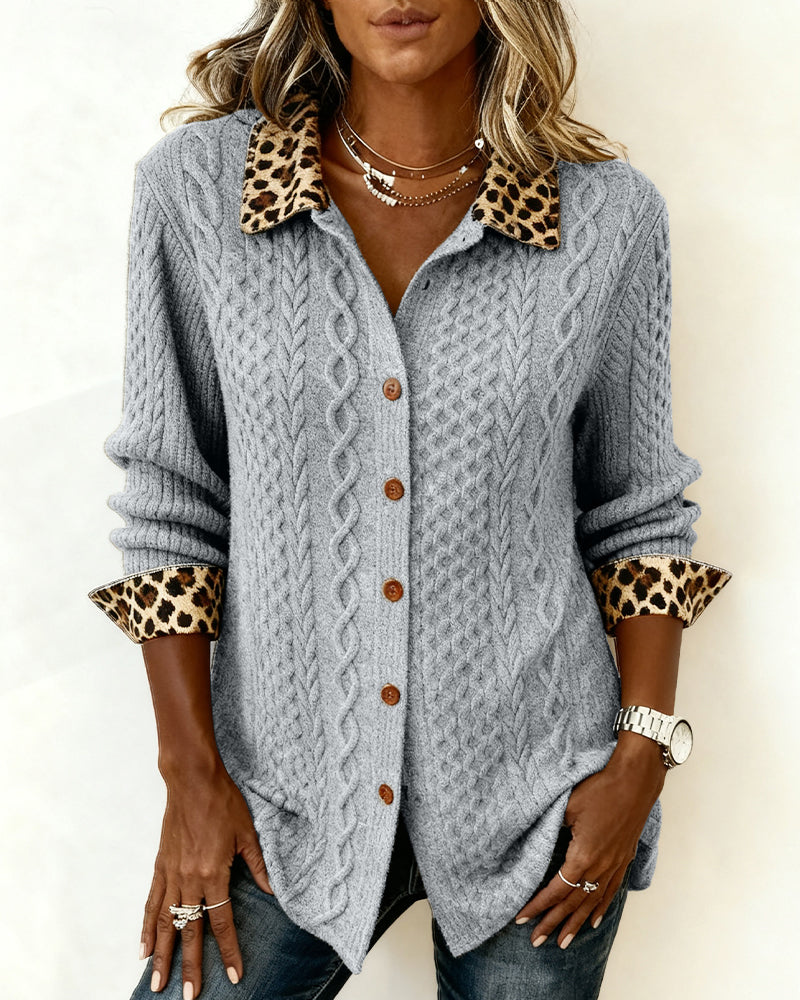 Color-Blocked Leopard Print Long-Sleeved Shirt