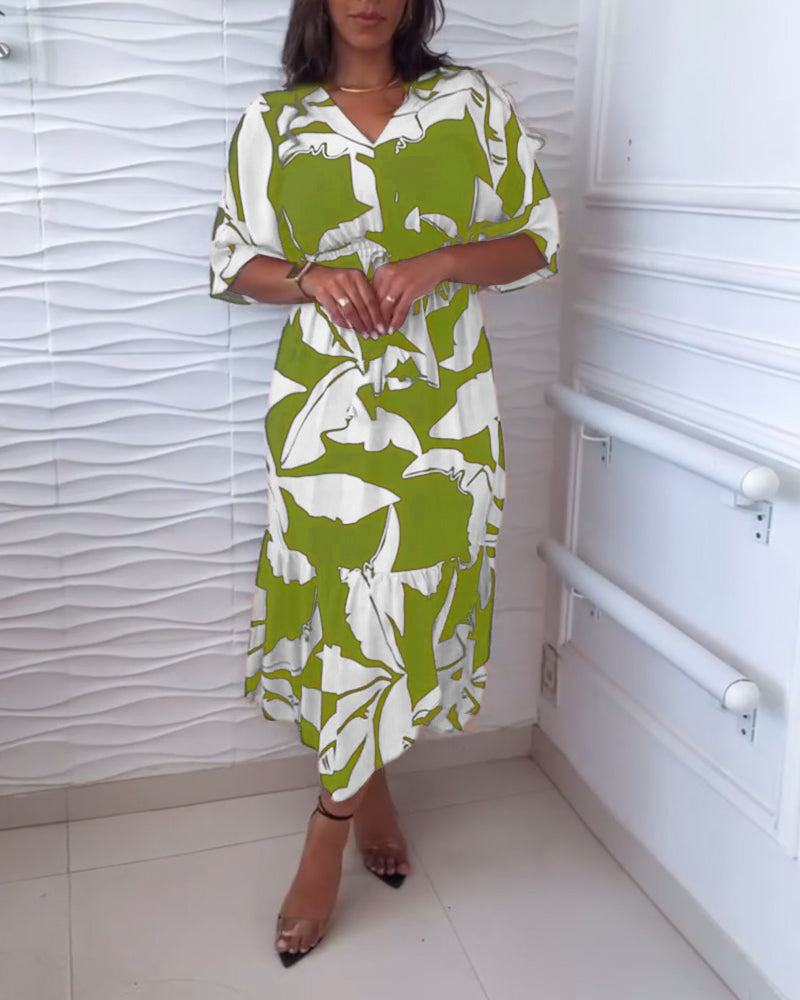 Aumora V-neck three-quarter sleeve drawstring elegant dress