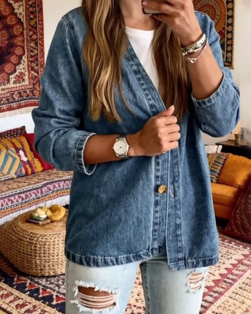 Denim V-Neck Cardigan Coat