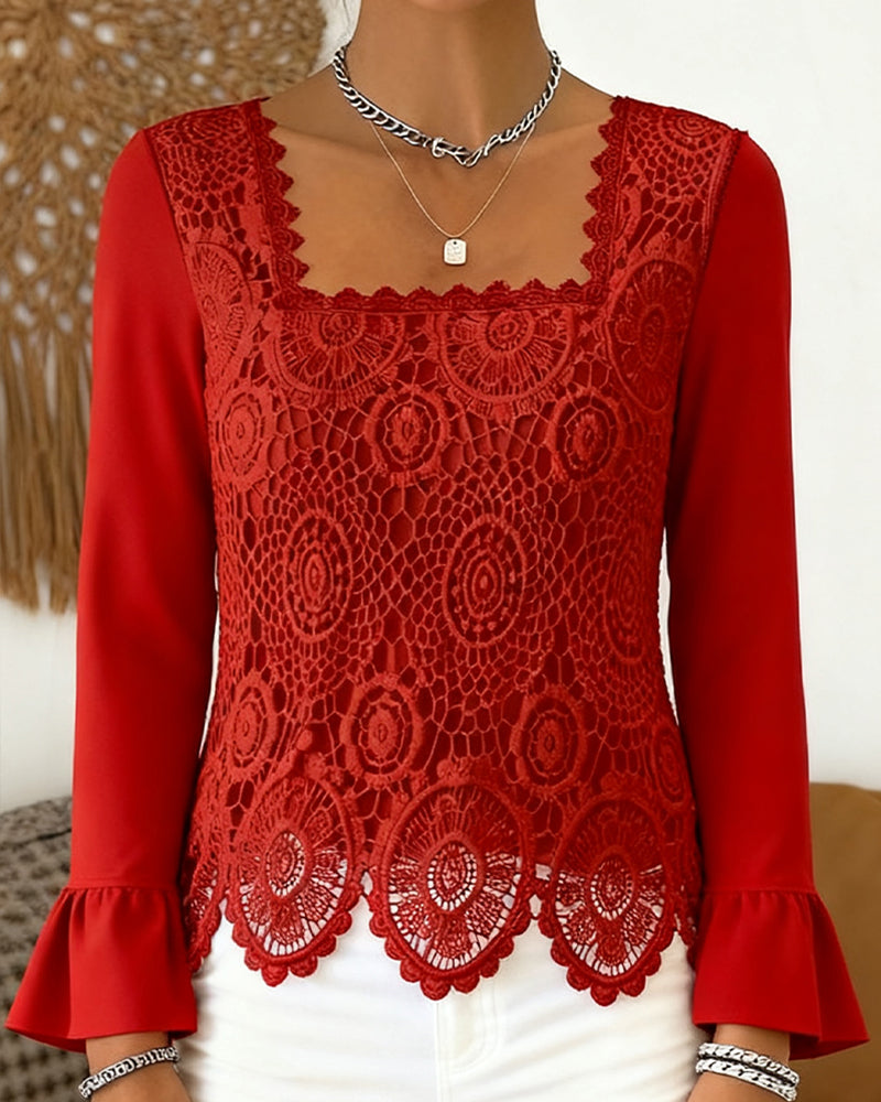 Crocheted Wide-Neck Patchwork Blouse
