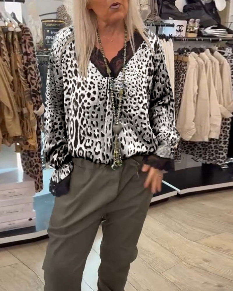 Fashion leopard print V-neck lace patchwork blouse
