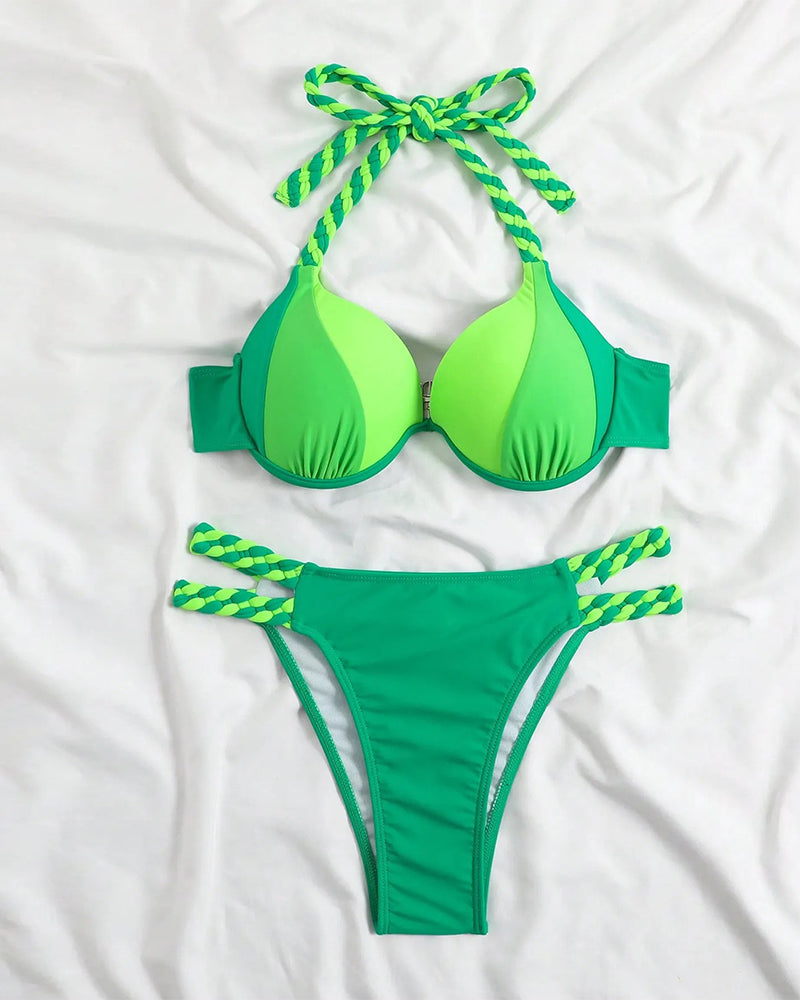 Colorblock halterneck bikini set