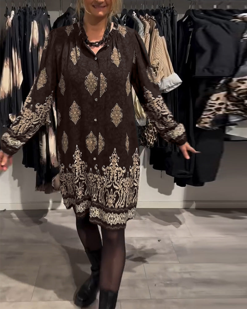Lapel button-down vintage print dress