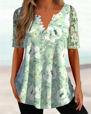 V-neck short sleeve printed blouse