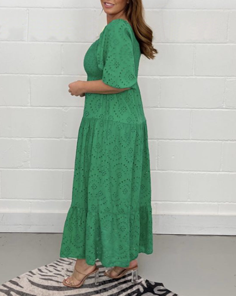 Square collar solid color hollow dress