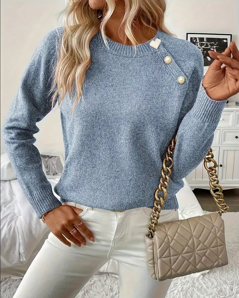 Button-Embellished Raglan Sleeve Sweater