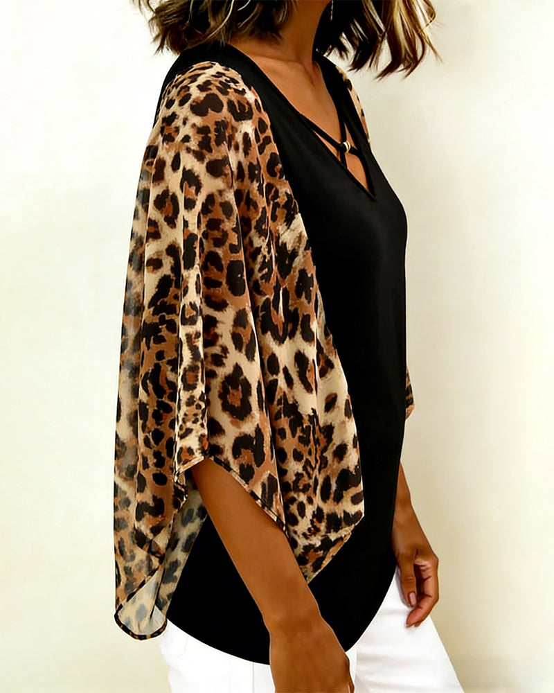 Batwing sleeve leopard print patchwork blouse