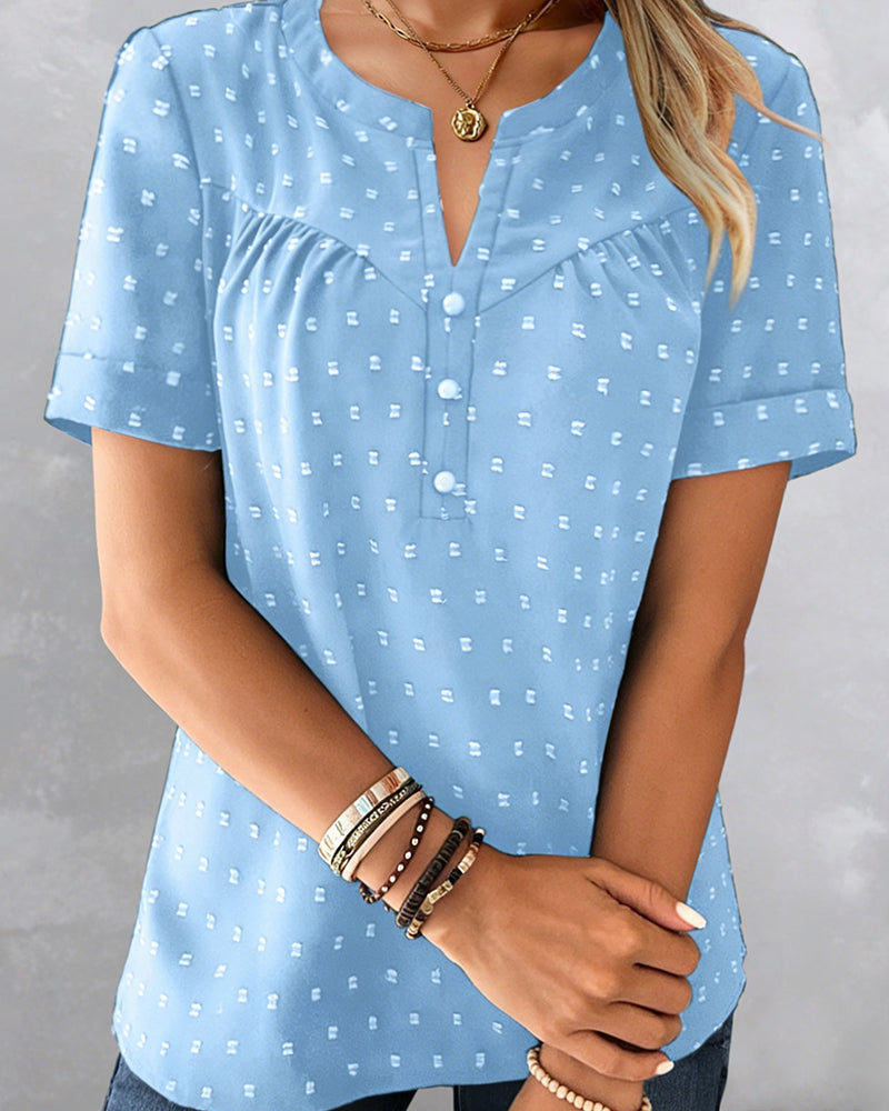 Jacquard V-Neck Half-Placket Short Sleeve Blouse