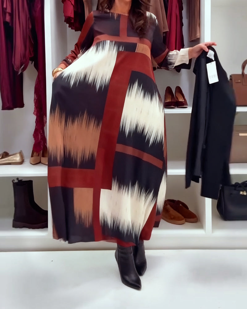 Fashion Printed Round Neck Long Sleeve Dress