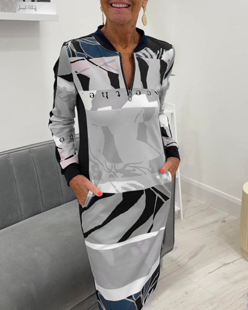 Zippered long sleeve pocket color block dress