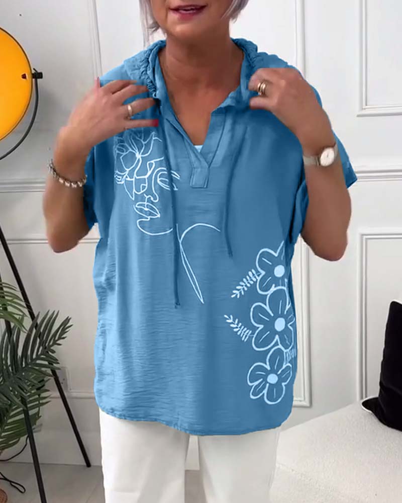 Casual floral print hooded short-sleeve blouse