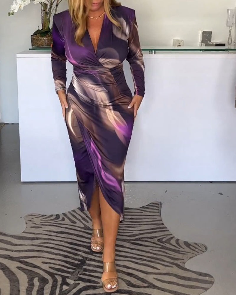 V-neck long sleeve slit dress