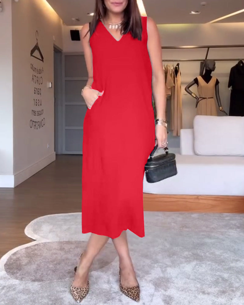 Aumora Casual V-neck Sleeveless Solid Color Split Dress