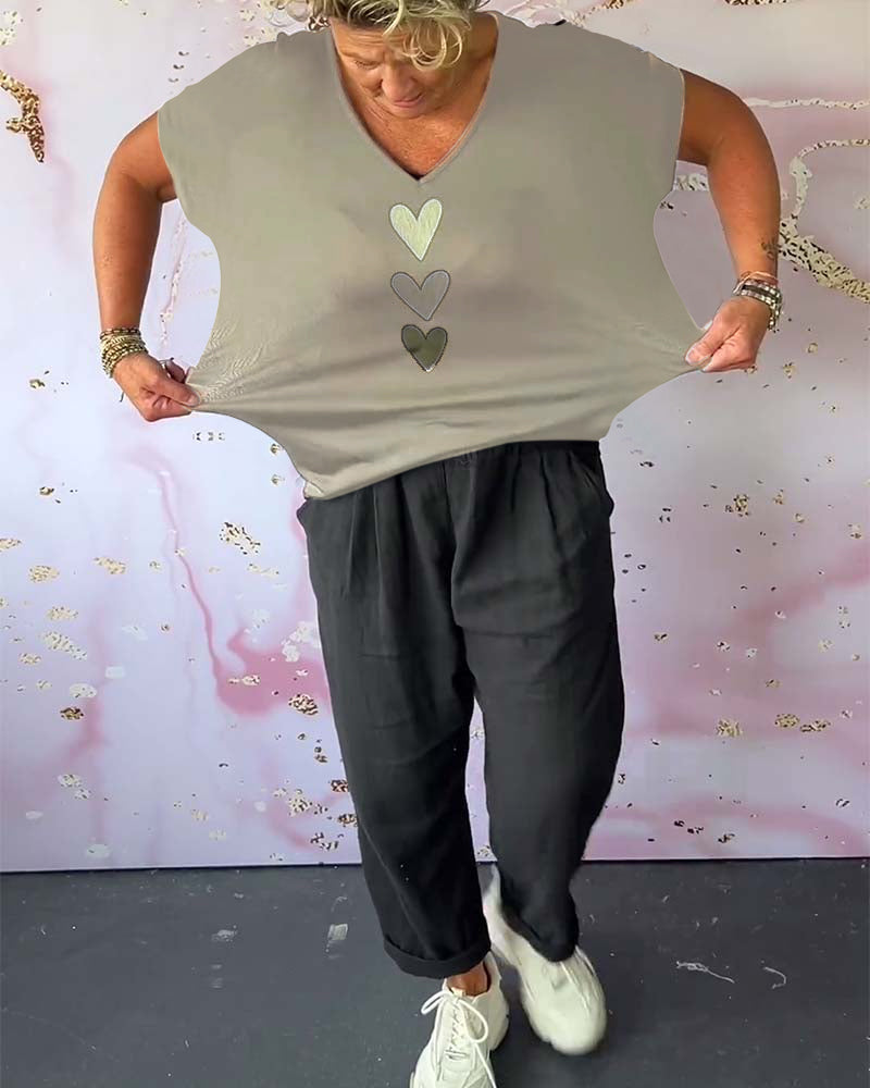 V-neck short-sleeved heart blouse