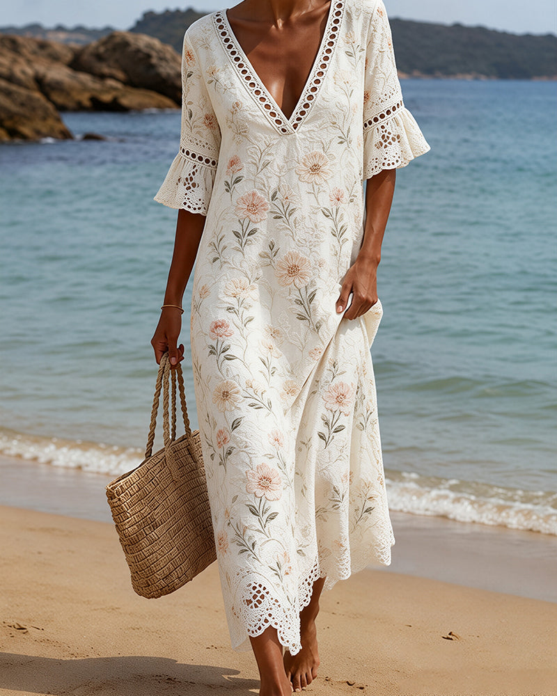 Flutter Sleeve Hollow Out V-Neck Floral A-Line Dress