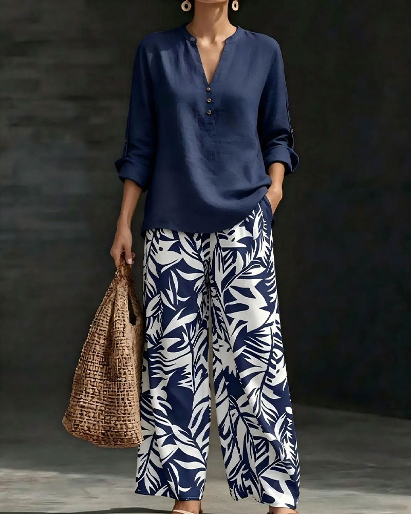 Button-Up Shirt With Printed Wide-Leg Pants Set