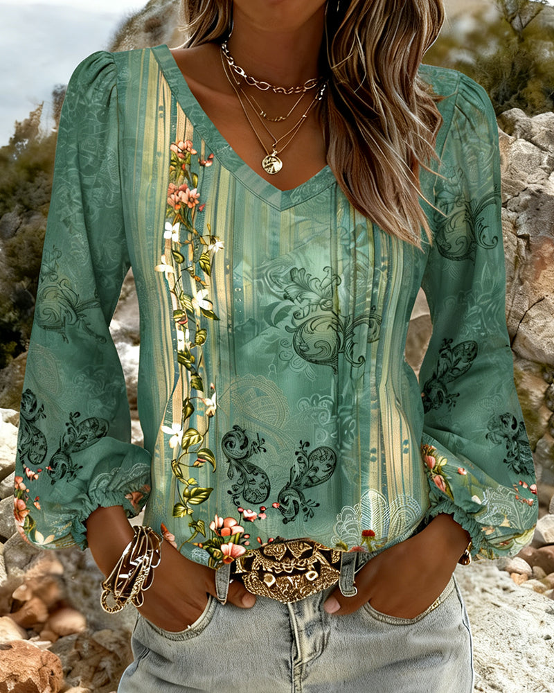 Floral V-Neck Puff Sleeve Blouse