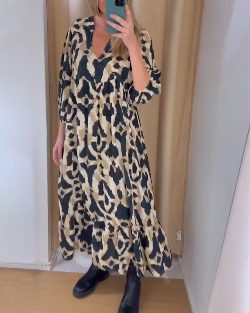 V-neck printed casual long dress