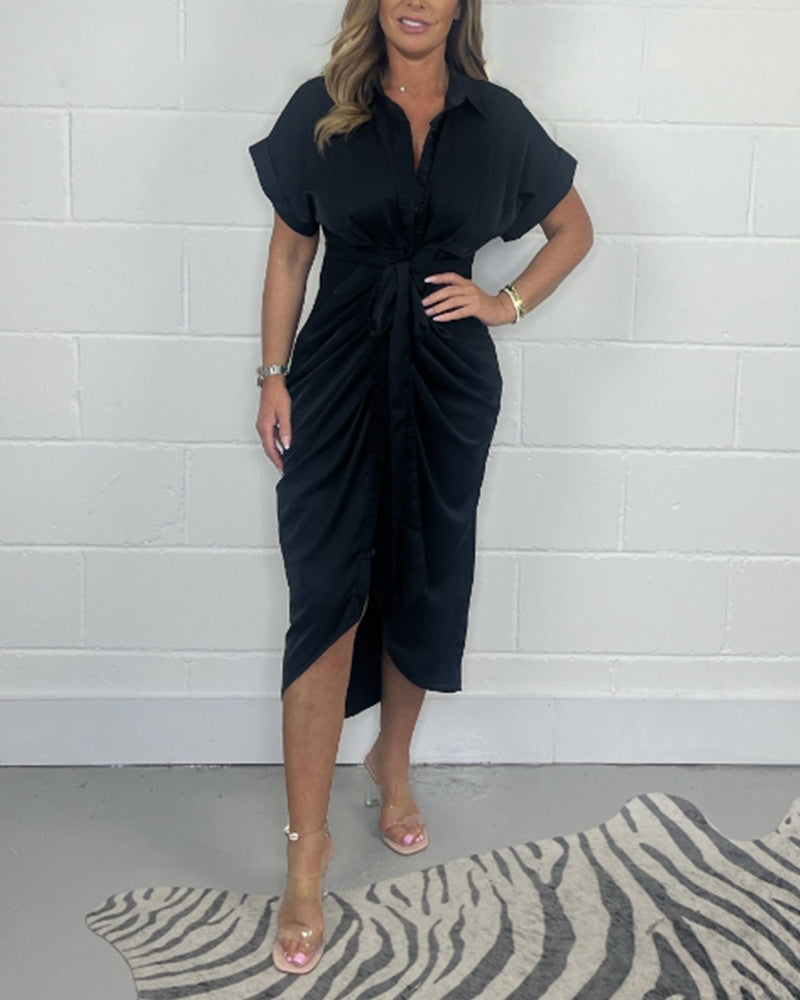 Elegant Pleated Shirt Neck Dress