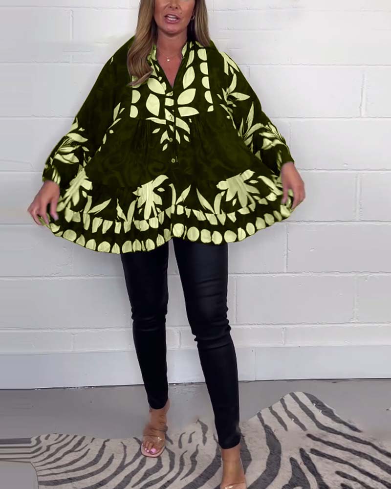 Printed button bell sleeve blouse