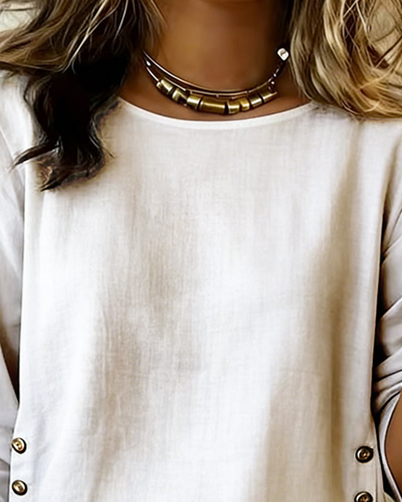 Casual Round Neck Button Design Top