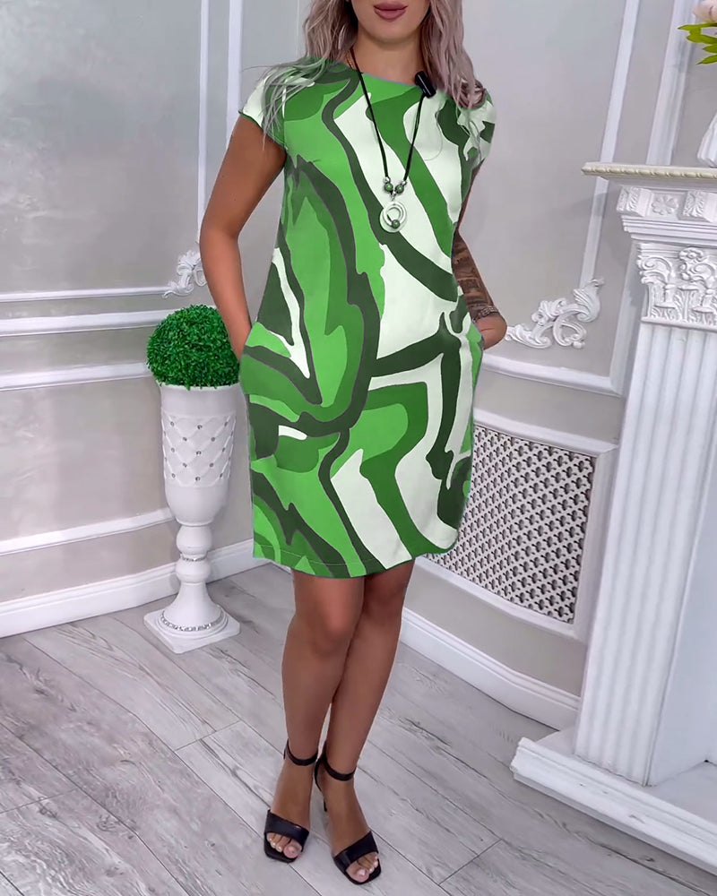 Printed crew neck raglan sleeves pocket dress